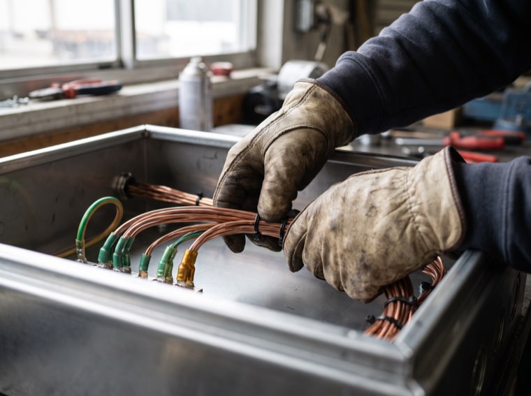 Licensed electrician working safely on an electrical panel